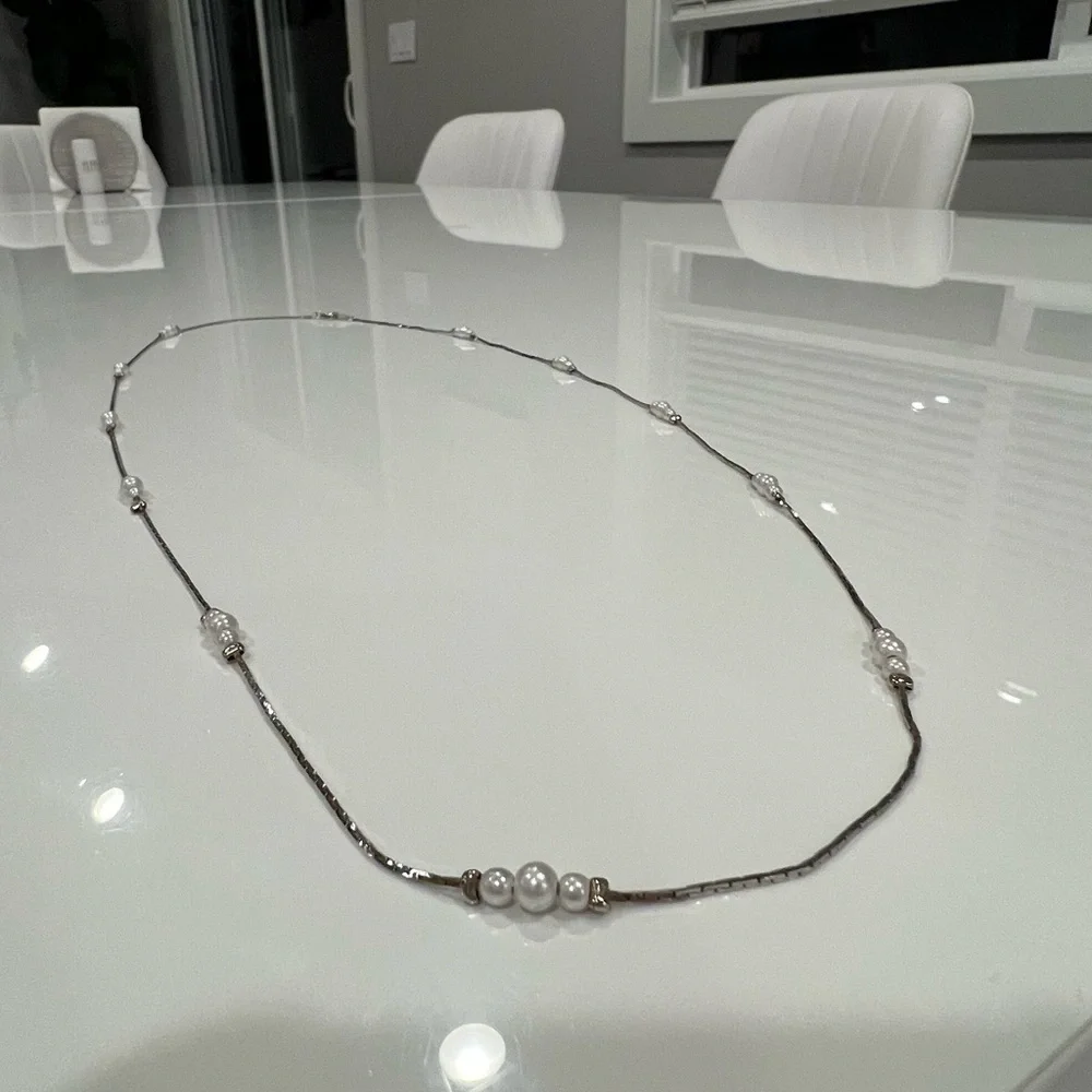 Elegant Silver-Tone Pearl Station Necklace - Women Jewelry
